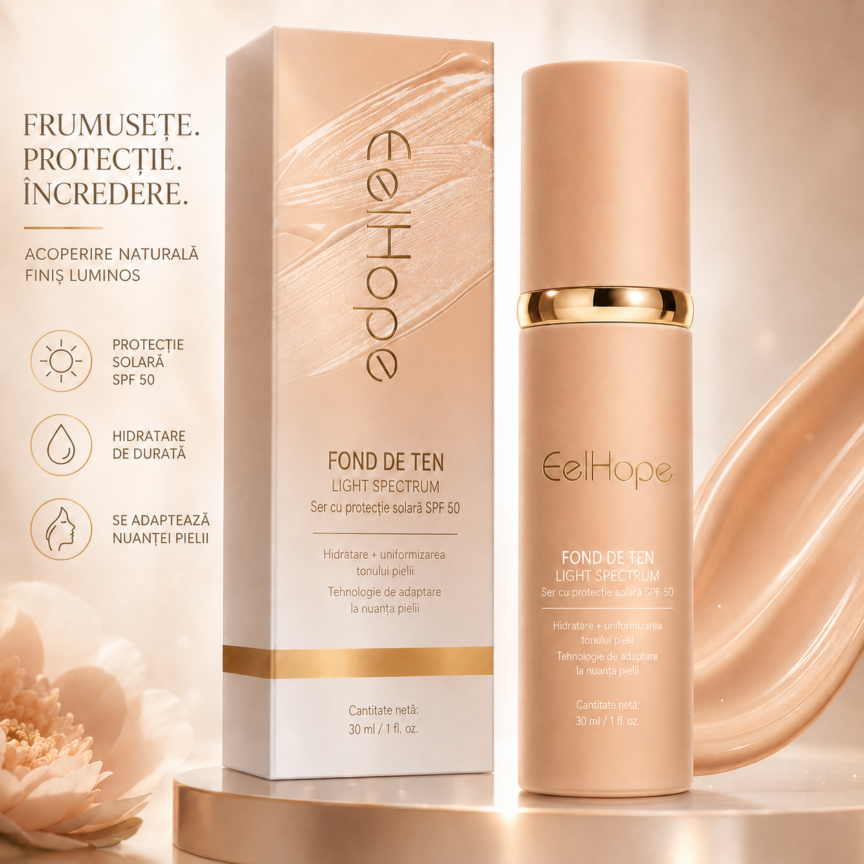 Fond de Ten 4 în 1 BIOMIMETIC SPF 50 – Se adaptează perfect oricărei nuanțe de piele
